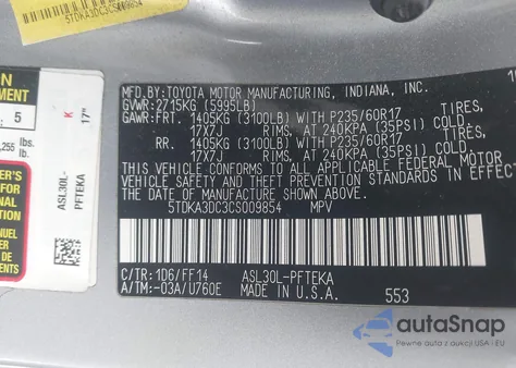 2012 Toyota Sienna Base 7 Passenger из США, поврежденный, VIN 5TDKA3DC3CS009854